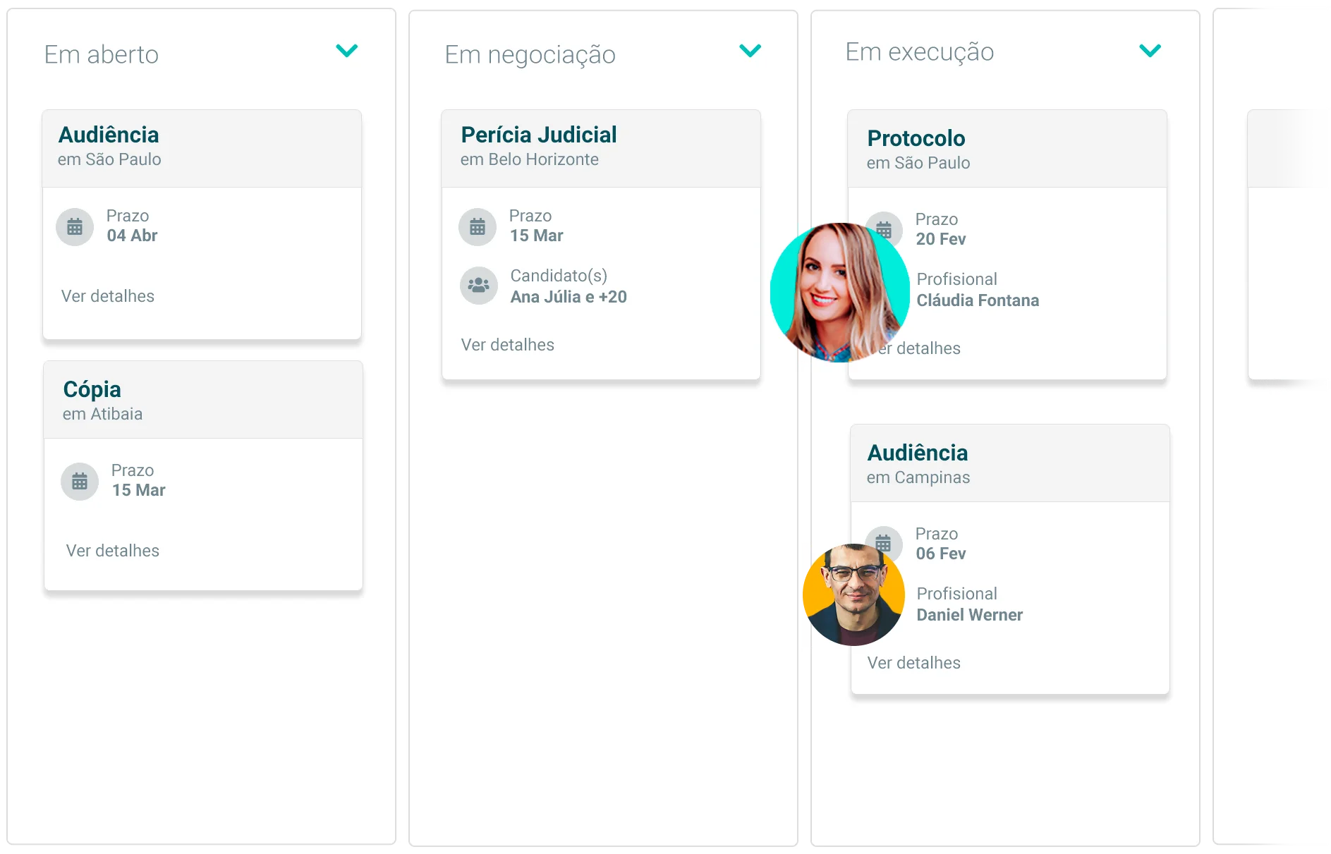 Diligências organizadas em colunas e status